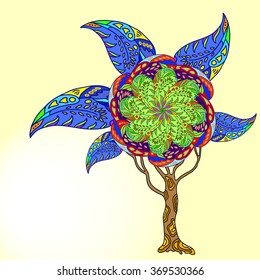 abstract different colour doodle  tree with psychodelic patterns on brown background
