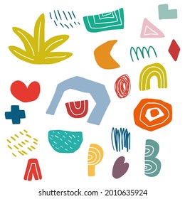 Resumen de la colección de formas decorativas diferentes. Estilo infantil. Corazón, más, arbusto. Formas geográficas.