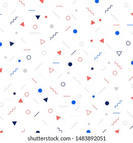 Abstract different geometric shapes pattern triangles, circles, dots, lines on white background. Memphis style. Vector illustration