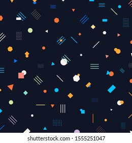 Abstract different geometric shapes pattern circles, triangles, lines, squares, hexagons bright and colorful color on dark background. Memphis style. Retro 80's. Vector illustration