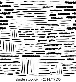 Abstract different horizontal strokes seamless pattern. Brush drawn thin and bold short stipes. Retro black and white texture in digital style. Vector horizontal dashes. 