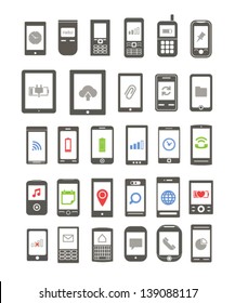 Abstract different mobile gadgets with icons on screen isolated on white background