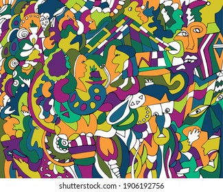 Abstract different people , faces, colorful floral texture, background, mural. 