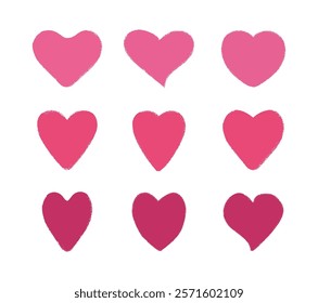 Abstract different-textured hearts set on a transparent background. Design vector elements for Valentine's Day. Grunge crayon doodle stroke line.	