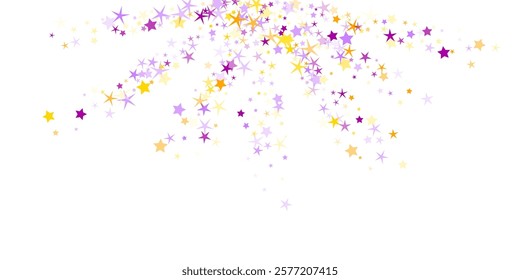 Abstract diffused stars vector background. Birthday decor elements in purple yellow colors. Radiant star shapes pattern. Serenity concept. Starburst design.