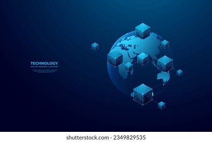 Abstract digital 3D blockchain icon on technology globe Earth background. Hologram of linked blocks in space in low poly wireframe futuristic style. Modern blue polygonal vector illustration.