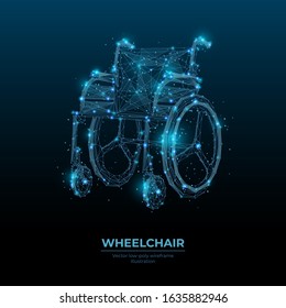 Abstract digital 3D wheelchair on dark blue technology background. Low poly wireframe vector illustration. Polygonal disabled sign as starry sky style. Polygons, lines, particles and connected dots.