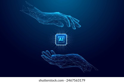 Abstract digital AI chip between human tech wireframe palms. Artificial intelligence technology background. Protection of semiconductor or microchip. Low poly wireframe vector illustration. Tech bg.