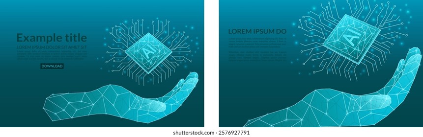 Abstract digital AI chip between turquoise blue tech wireframe palms. Artificial intelligence technology background. Semiconductor or microchip protection. Low poly wireframe vector illustration.