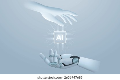 Abstract digital AI chip between Human hand and android robot hand. Artificial intelligence technology background. Protection of semiconductor or microchip, Machine learning, neural network
