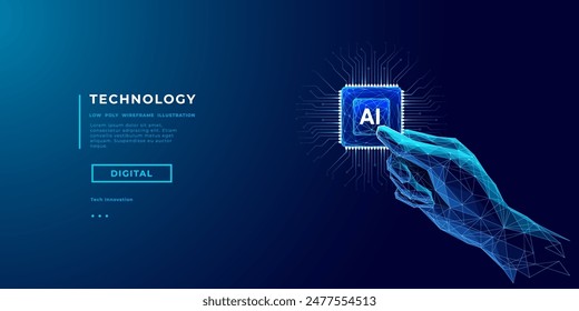 Abstrakter KI-Chip in einer menschlichen Hand. Humanoid, der einen KI-Prozessor in der Hand hält. Künstliche Intelligenz. Innovationshintergrund der Technologie. In: Tech Bg. Niedrige Poly-Drahtmodell-Vektorgrafik 3D-Abbildung