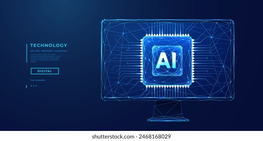 Abstract digital AI chip on the empty computer monitor. AI innovation concept. Technology blue background. Light blue processor and circuit lines on tech bg. Low poly wireframe vector Illustration.