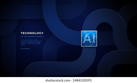 Abstract digital AI chip and round flat cable. A circuit board and AI semiconductor on a dark blue technology background. Glowing pixels on microchip. Vector illustration. Tech bg. Innovation concept.