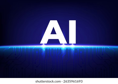 Abstract digital AI concept with glowing circuit lines and futuristic tech interface on dark background, vector illustration