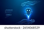 Abstract Digital AI Robot into Palms. AI Agent are Flying of a hand. Artificial Intelligence concept. Cuit Futuristic Bot on Technology Blue Background. Low Poly Wireframe Tech Vector Illustration.