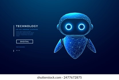 Abstract digital AI robot with neon eyes on dark blue technology background. 3D low poly wireframe chatbot. Cute character bot on tech bg. Vector polygonal illustration in light blue futuristic colors