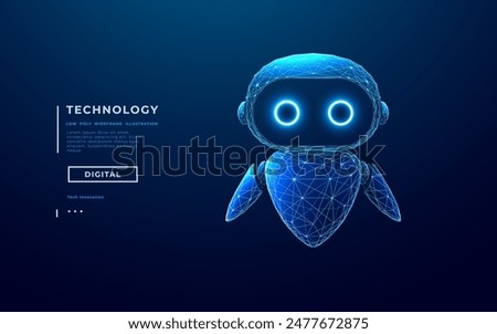 Abstract digital AI robot with neon eyes on dark blue technology background. 3D low poly wireframe chatbot. Cute character bot on tech bg. Vector polygonal illustration in light blue futuristic colors