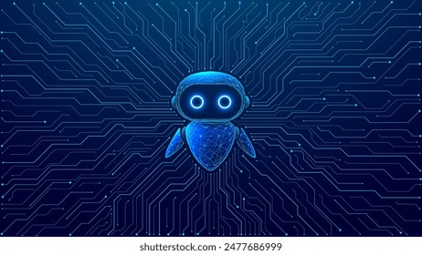 Abstrakter digitaler KI-Roboter auf der Platine hellblauer Hintergrund. Chat-Bot und Schaltungstechnik-Tasche. Digitales Zeichen in niedriger Poly-Drahtgitter-Vektorillustration. 3D polygonaler futuristischer Bot.