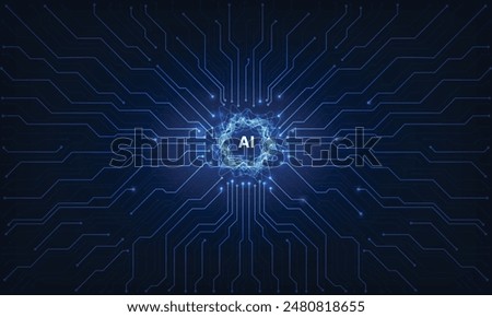 Abstract digital AI robot on circuit board light blue background. Chat bot and circuit tech bg. Digital character in low poly wireframe vector illustration. 