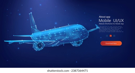 Resumen del concepto de avión digital con un diseño poligonal en un fondo estrellado del cielo nocturno. Ilustración vectorial de acciones