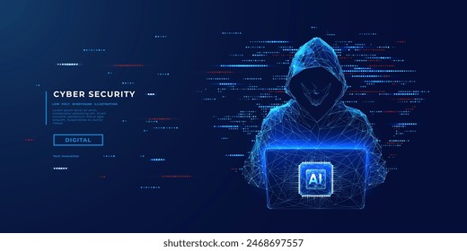 Abstract digital anonymous hacker with light blue laptop and AI chip. Technology electronics background. Computer chip and glitch data flow. Tech artificial intelligence bg. Vector illustration