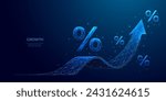 Abstract digital arrow up and percent polygonal symbols on technology blue background. The growth arrow consists of polygons, lines, and connected dots. Discount or Sale concept. Vector illustration.