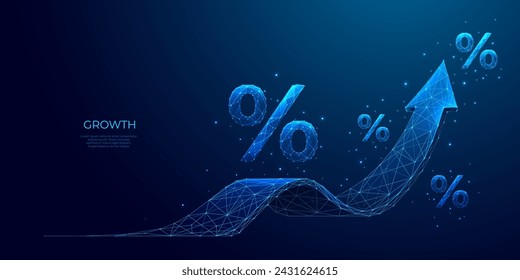 Abstract digital arrow up and percent polygonal symbols on technology blue background. The growth arrow consists of polygons, lines, and connected dots. Discount or Sale concept. Vector illustration.