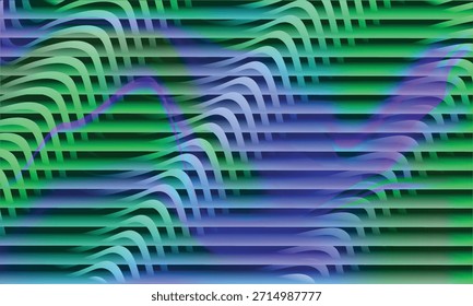 Abstractas fondo de arte digital con ondas de gradiente verde y azul que fluyen sobre líneas Horizontales.