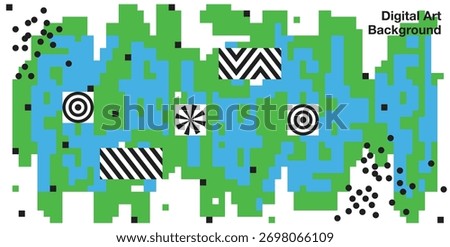 abstract digital art background with geometric shapes and pixel pattern in green and blue color blocks with black and white optical illusion elements for modern design and creative poster layout