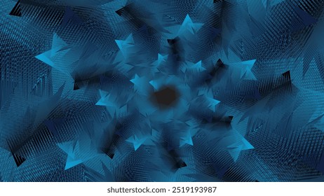 Arte digital Abstractas con un área oscura central que irradia hacia afuera a Formas azules más claras en forma de estrella sobre un fondo texturizado. Ideal para diseños modernos y tecnológicos.