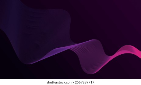Abstract digital art with a dynamic, flowing wavy line in vibrant purple and pink gradient tones on a deep dark background. Features smooth curves and fluid motion, perfect for tech or creative