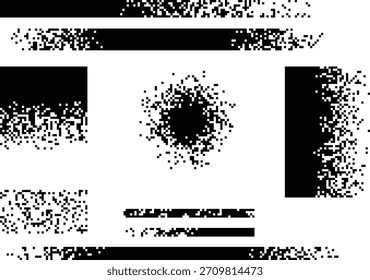 Abstract digital art featuring a dither pattern with geometric shapes and halftone gradients, blending black and white pixels to create textures and designs.