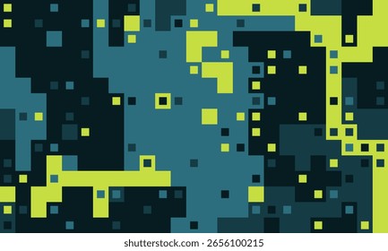 Abstract digital art featuring a dynamic mosaic of teal, green, and black squares.  Ideal for tech, gaming, or futuristic design projects.