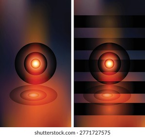 Abstract digital art featuring a glowing, multilayered circular orb with a soft reflection on a gradient background, sidebyside comparison