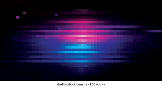 Abstractas arte digital con Horizontales rayas de vibrantes luces de neón rosa y azul sobre un fondo oscuro con sutil bokeh.