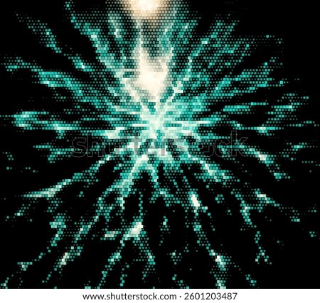 Abstract digital art featuring a radiant, pixelated burst pattern in teal and white on a black background. Wavy shapes create a dynamic, energetic effect, evoking a sense of motion.