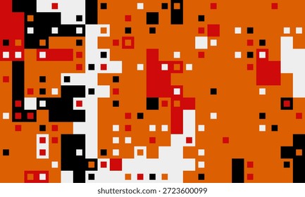 Arte digital Abstractas con un patrón vibrante y pixelado en naranja, rojo, negro y blanco.