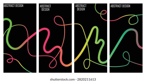 Abstract digital art featuring vibrant, glowing neon lines weaving through four vertical black panels, creating a modern, dynamic, and interconnected visual composition.