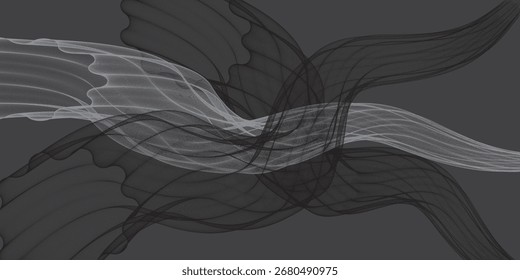 Abstract Digital Art: Flowing Lines in Grayscale on Dark Backgro