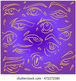 Abstract digital art of manga eyes drawing outline in different cartoon character style 