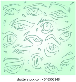 Abstract digital art of manga eyes drawing outline in different cartoon character style
