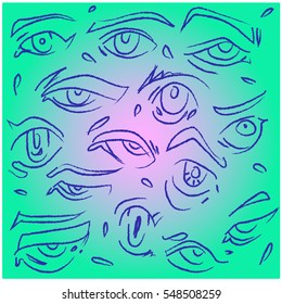 Abstract digital art of manga eyes drawing outline in different cartoon character style