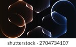 An abstract digital art piece featuring overlapping, translucent geometric shapes like hexagons and circles with glowing orange and blue edges against a solid black background.