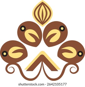 An abstract digital art piece featuring five stylized brown seed-like elements with beige centers and a top seed pod, arranged organically with swirling tendrils on a white background, 