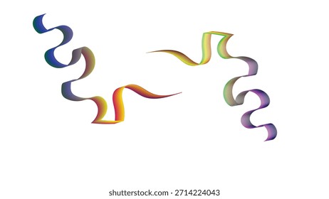 Una pieza de arte digital abstracto con dos formas sinuosas, en forma de cinta, sobre un fondo blanco limpio. Las formas se retuercen y giran en ondas suaves. La cinta izquierda exhibe una transición de color suave, comenzando desde el azul oscuro y moviéndose a través de tonos de azul, verde, amarillo, naranja y rojo. La cinta derecha comienza con tonos verdes y amarillos y presenta un patrón de rayas distintivo, que se desvanece en púrpura. La composición general enfatiza Gradientes de colores vibrantes y una sensación de movimiento dinámico.