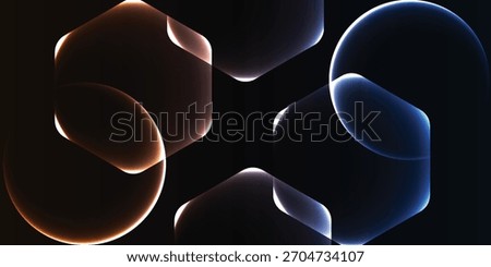 An abstract digital art piece featuring overlapping, translucent geometric shapes like hexagons and circles with glowing orange and blue edges against a solid black background.