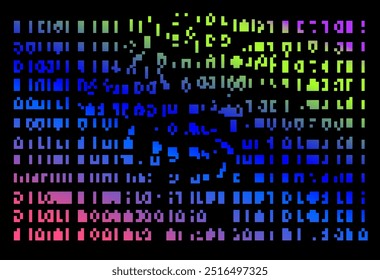 Abstract digital art piece that resembles a computer screen with a chaotic arrangement of colored squares of pink, purple, blue and green, with some white squares that look like numbers and symbols.