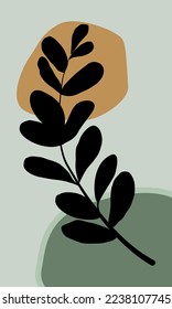 Abstract digital art print. Botanical branch and leaves. Creative minimalist artistic composition. Cover design vector for wall decoration, postcard, brochure design, art gallery, interior, invitation