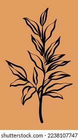 Abstrakter Ausdruck digitaler Kunst. Botanischer Ast und Blätter. Kreative minimalistische künstlerische Komposition. Deckdesign-Vektorgrafik für Wanddekoration, Postkarte, Broschürendesign, Kunstgalerie, Inneneinrichtung, Einladung
