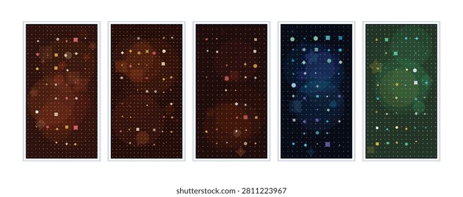 Abstract digital art wallpaper with small geometric forms and luminous highlights on a dark purple grid. Dreamy, enchanting, and modern.